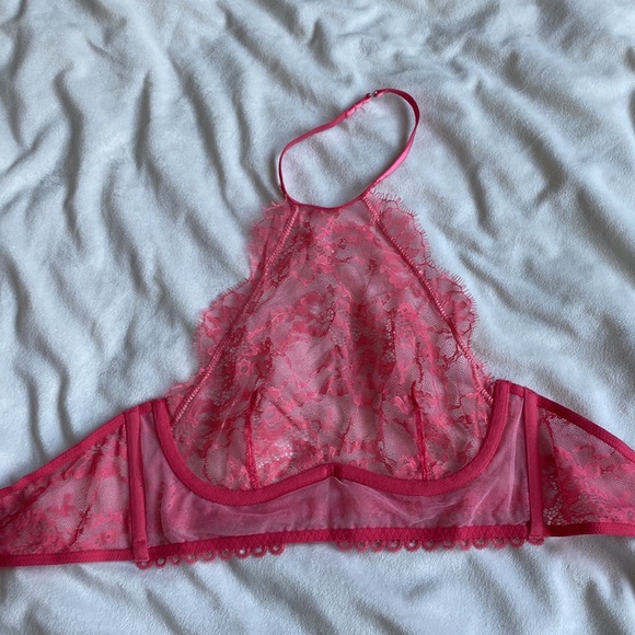 Victoria’s Secret Sheer Lace Halter Bralette Hot Pink 34B Y2K Lingerie Aesthetic - Picture 2 of 5
